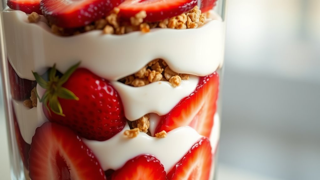 A close-up shot of a layered strawberry parfait, showcasing vibrant red strawberries, creamy yogurt, and crunchy granola, all illuminated by soft, natural light