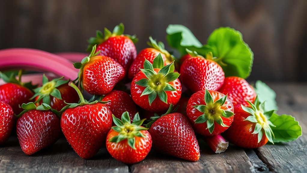 A vibrant arrangement of fresh strawberries and rhubarb stalks, glistening with dew, set against a rustic wooden table, illuminated by soft natural light