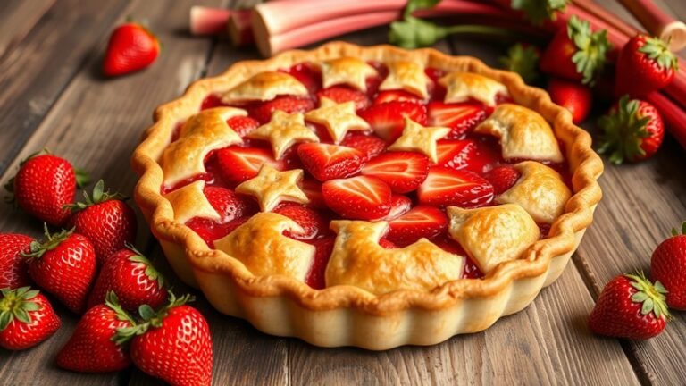 A beautifully baked strawberry rhubarb pie on a rustic wooden table, glistening with fresh fruit and a golden crust, surrounded by vibrant strawberries and rhubarb stalks