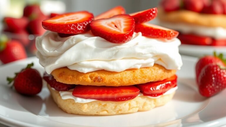A decadent strawberry shortcake with layers of fluffy whipped cream, ripe strawberries, and golden sponge, presented on a polished white plate, under soft natural light