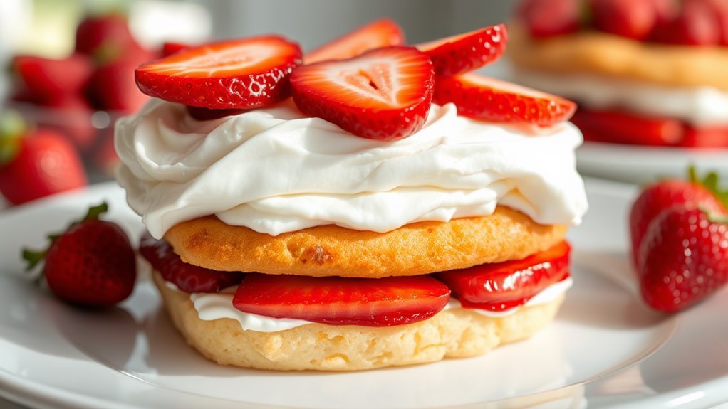 A decadent strawberry shortcake with layers of fluffy whipped cream, ripe strawberries, and golden sponge, presented on a polished white plate, under soft natural light