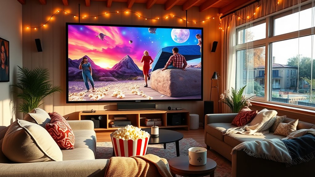 A cozy living room scene featuring a large screen casting vibrant movie scenes, plush seating, popcorn bowls, and soft glowing fairy lights, all bathed in natural sunlight