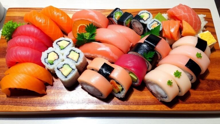 A beautifully arranged sushi platter featuring vibrant nigiri, colorful maki rolls, and delicate sashimi, all displayed on a polished wooden board, glistening under natural light