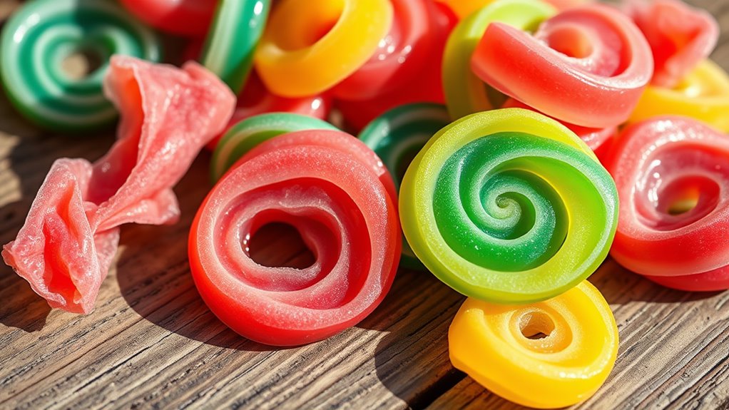 A close-up of colorful, swirled taffy candies arranged artfully on a rustic wooden table, glistening in natural light, with soft shadows enhancing their textures