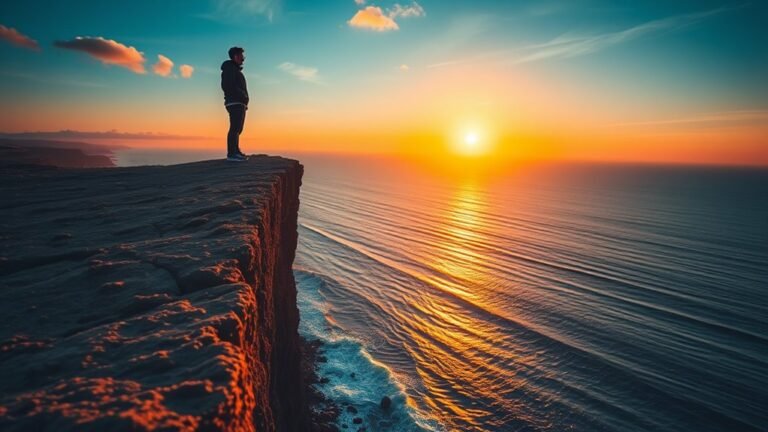 A close-up of a person standing at the edge of a cliff, gazing out over a breathtaking sunset, with shimmering ocean waves below, capturing a moment of daring inspiration