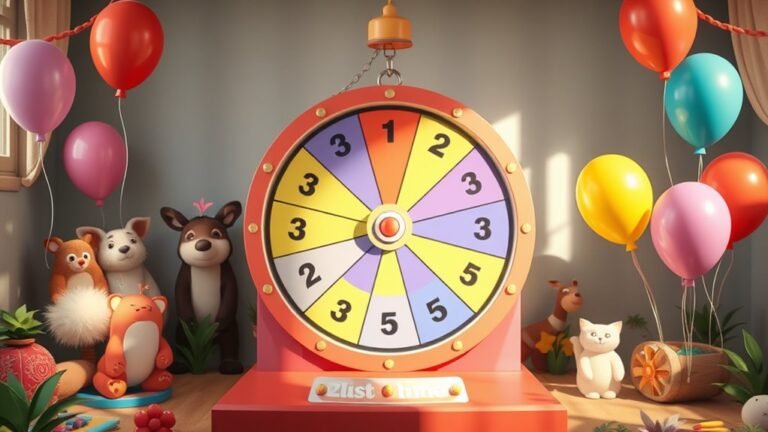 A whimsical scene of a vibrant guessing game, featuring a colorful spinning wheel, playful balloons, and curious animals peeking from behind, all under soft, natural lighting