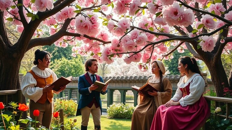 A whimsical garden scene featuring actors in period costumes, reciting Shakespeare under a blooming cherry blossom tree, sunlight filtering through leaves, capturing vibrant colors and expressions