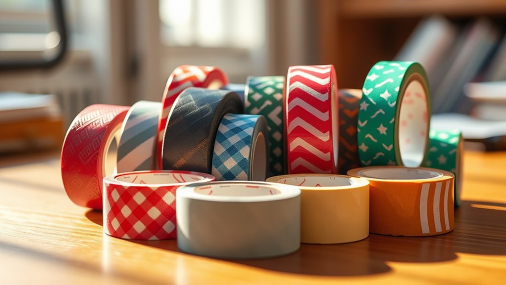 A close-up centered shot of colorful rolls of tape in various textures and patterns, elegantly arranged on a wooden desk, bathed in warm natural light