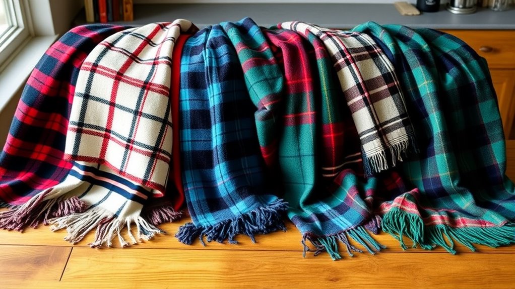 A beautifully arranged display of various tartan patterns draped elegantly across a wooden table, with natural light illuminating the intricate textures and colors