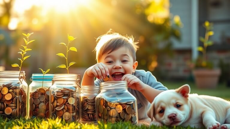 A joyful child piggy banking coins under warm sunlight, surrounded by colorful savings jars filled with coins, plants, and a playful puppy nearby