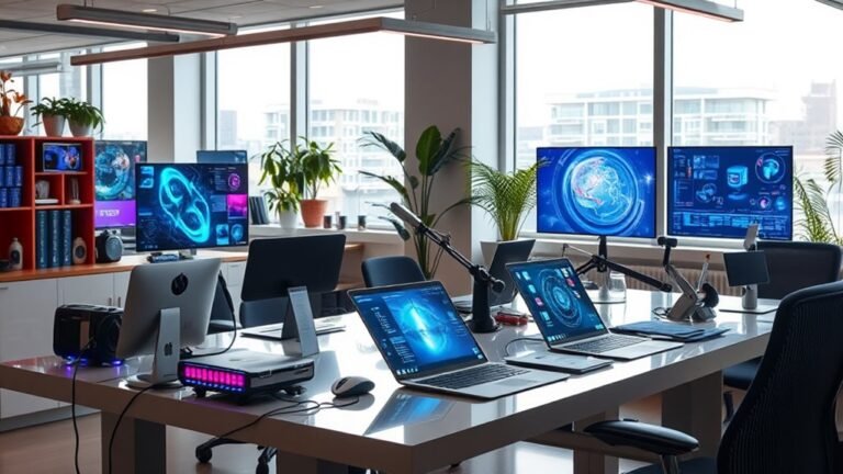 An elegant workspace featuring futuristic gadgets, holographic displays, and vibrant tech devices, bathed in natural light, showcasing innovation and creativity in perfect harmony