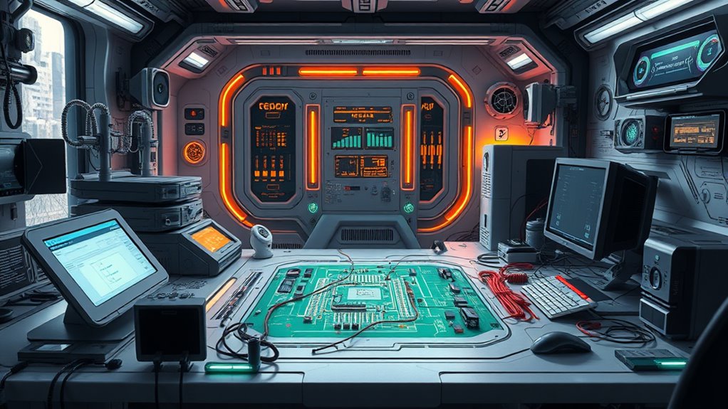 A futuristic workspace with advanced gadgets, soft natural lighting highlighting sleek designs, and a central focus on a glowing circuit board, captured in stunning detail