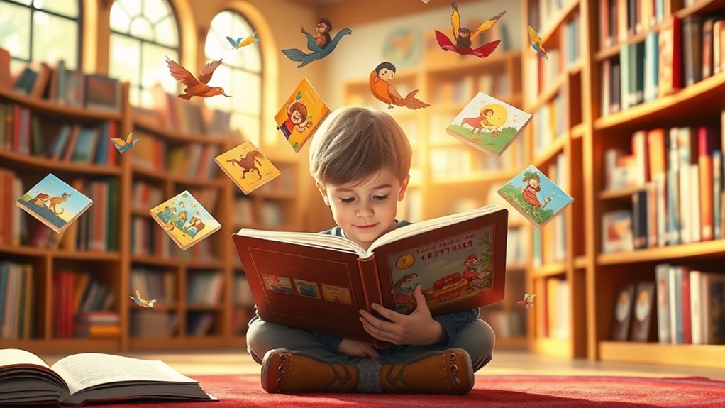 A cozy library scene with a child reading an open book, surrounded by colorful storybook illustrations floating gently in the air, bathed in warm, natural light