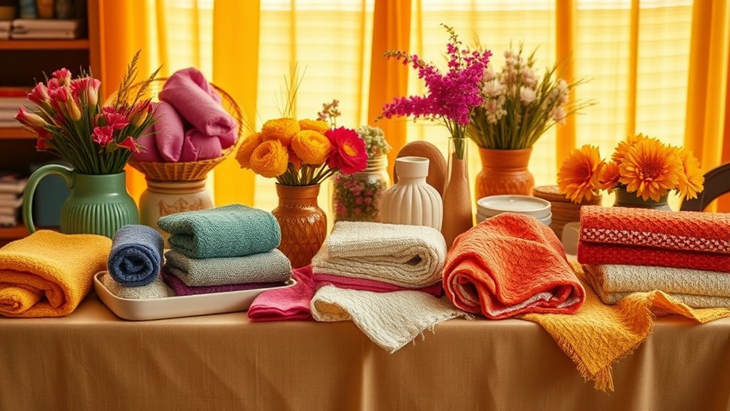 A beautifully arranged table adorned with various terry cloth items, vibrant colors, and textures, set against a warm, natural light backdrop