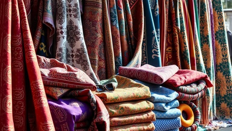 A vibrant array of textiles displayed elegantly, showcasing intricate patterns and textures under natural lighting, captured in stunning detail with shimmering colors