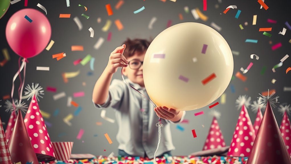 A whimsical scene of a person holding a deflated balloon, surrounded by confetti and party hats, under soft, natural lighting