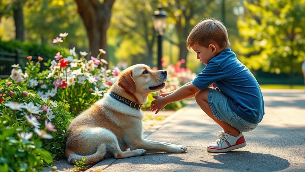 A serene park scene featuring a therapy dog gently interacting with a child, surrounded by blooming flowers and soft sunlight filtering through the trees