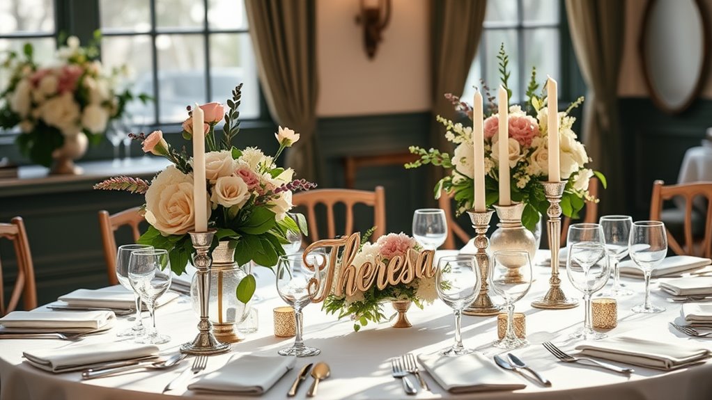 A beautifully set table with elegant floral arrangements, shimmering candles, and a centerpiece celebrating Theresa, bathed in natural light, showcasing intricate details and refined decor