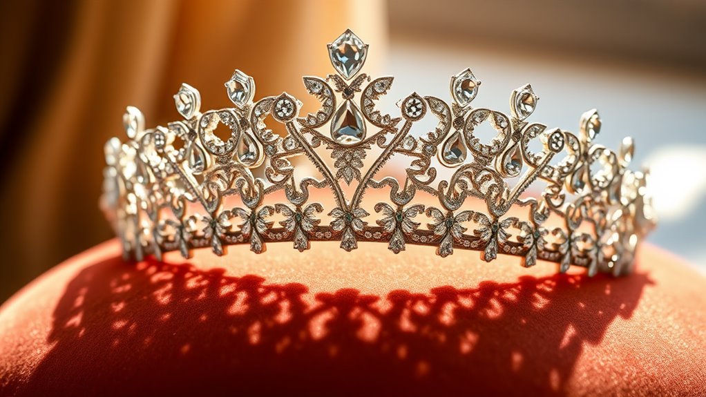 A stunning tiara adorned with sparkling gemstones, elegantly displayed on a velvet cushion, surrounded by soft natural lighting that highlights its intricate details and shimmering brilliance