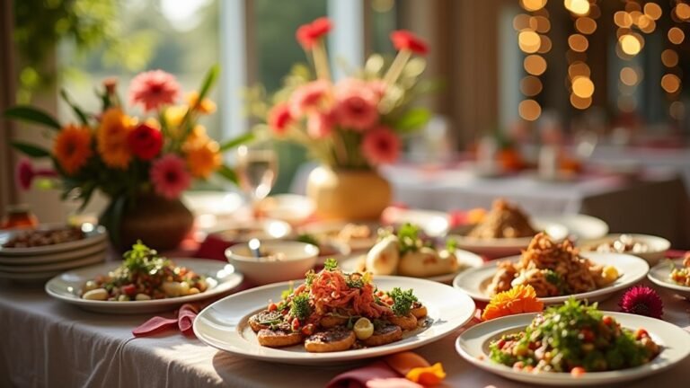 A beautifully arranged table featuring gourmet dishes, elegantly decorated with vibrant flowers, under soft natural lighting, with a shimmering backdrop of celebratory decorations