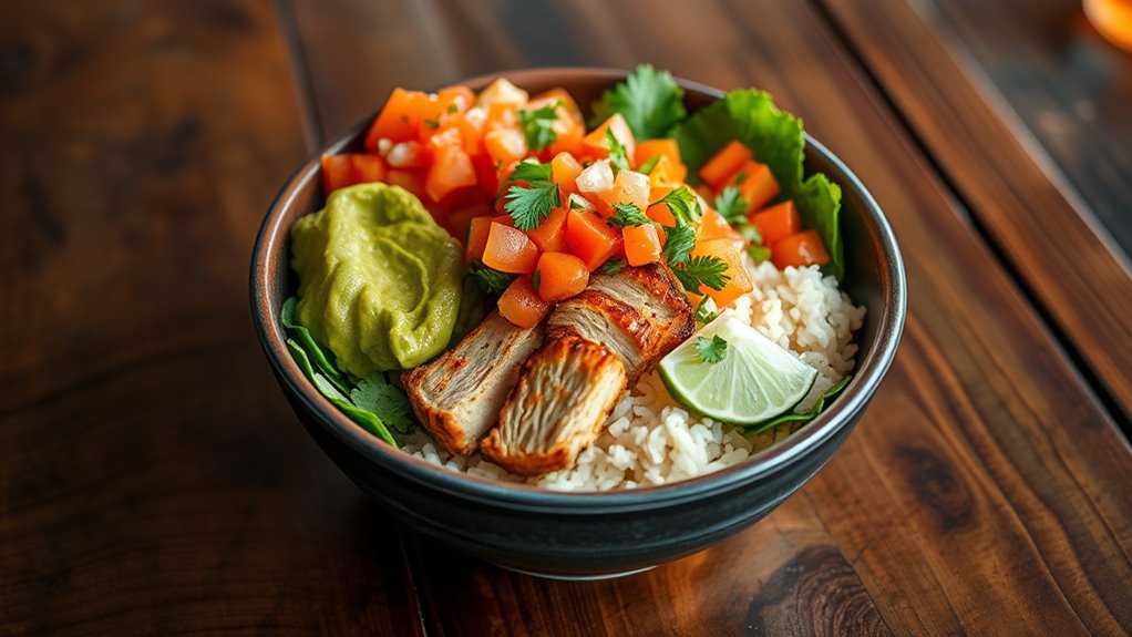 A vibrant bowl of Chipotle filled with colorful ingredients: fresh guacamole, bright pico de gallo, succulent grilled chicken, and fluffy cilantro-lime rice, elegantly arranged on a rustic wooden table with natural lighting