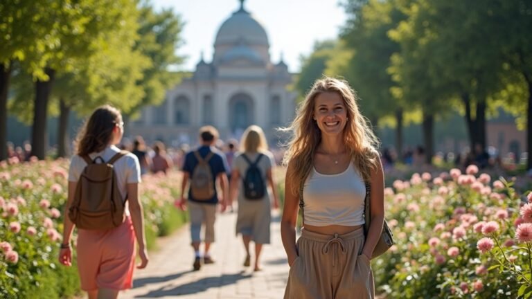 A vibrant scene of diverse tourists joyfully exploring a picturesque landmark, surrounded by blooming flowers and lush greenery, captured in natural lighting, centered and detailed