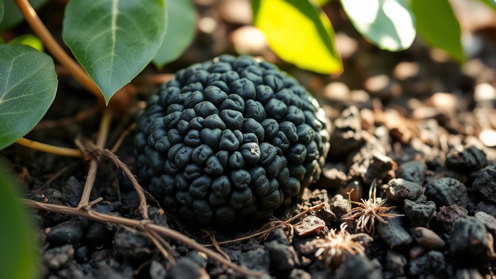 A close-up of a freshly harvested black truffle nestled in rich, dark soil, surrounded by delicate roots and soft, dappled sunlight filtering through leaves