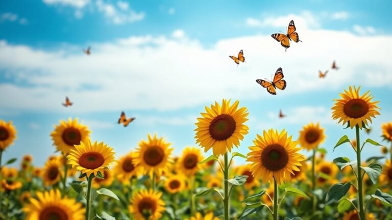A serene landscape featuring a vibrant sunflower field under a bright blue sky, with delicate butterflies fluttering, symbolizing hope and resilience