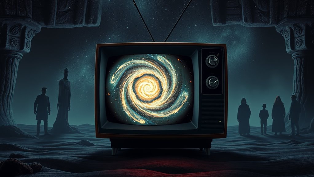 A surreal landscape featuring a vintage TV set displaying a swirling galaxy, surrounded by eerie shadows of iconic Twilight Zone characters, illuminated by soft, ethereal light