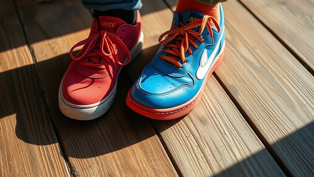 A vibrant close-up of a pair of mismatched shoes, one bright red and the other electric blue, placed on a rustic wooden floor, with natural sunlight highlighting their textures