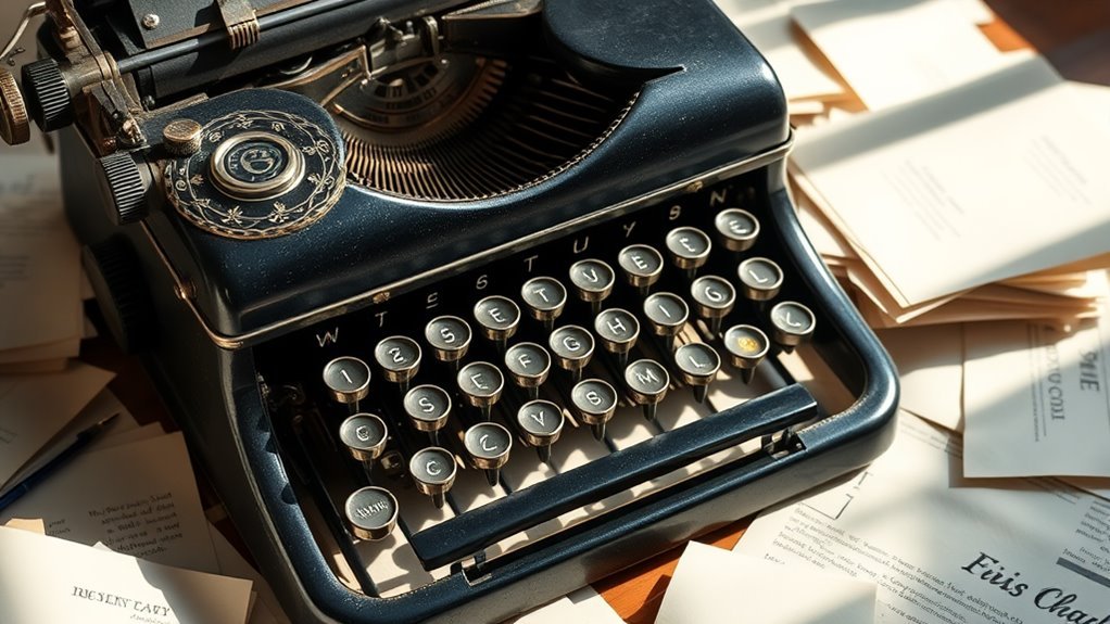 A vintage typewriter with gleaming keys, surrounded by scattered sheets of parchment paper, illuminated by soft natural light, showcasing intricate details and elegant craftsmanship
