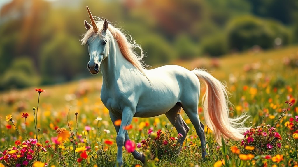 A majestic unicorn standing gracefully in a sunlit meadow, surrounded by vibrant wildflowers, its shimmering mane flowing in the gentle breeze, captured in exquisite detail