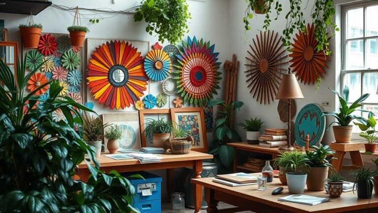 A beautifully arranged workspace showcasing vibrant, upcycled art pieces made from reclaimed materials, surrounded by lush greenery, with soft natural lighting illuminating the details