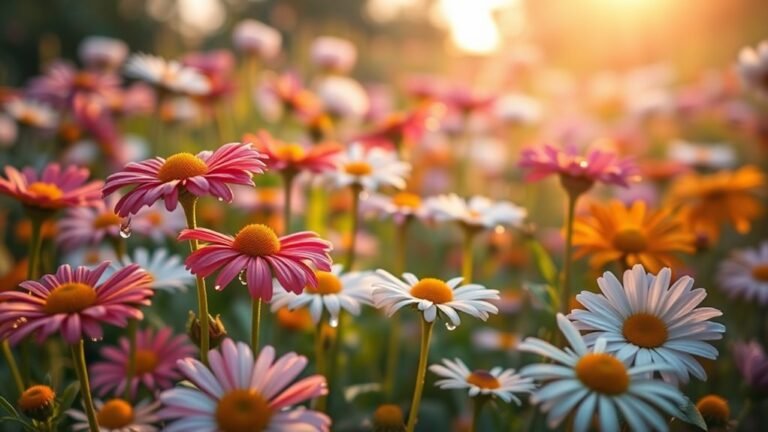A vibrant garden at dawn, filled with blooming daisies in various colors, glistening dewdrops, and soft sunlight illuminating the scene, evoking joy and renewal