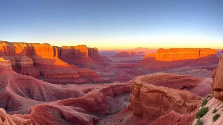 A panoramic view of Utah's stunning red rock formations at sunset, with soft golden light illuminating the landscape, highlighting the vibrant colors and textures