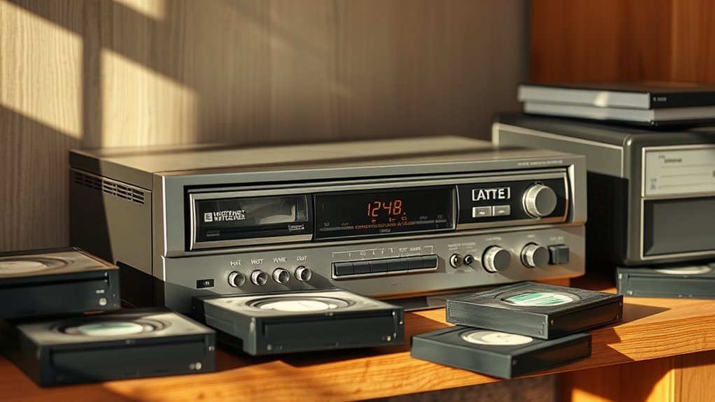 A vintage VCR with nostalgic VHS tapes scattered around, bathed in soft natural light, elegantly displayed on a retro wooden shelf, capturing a sense of nostalgia