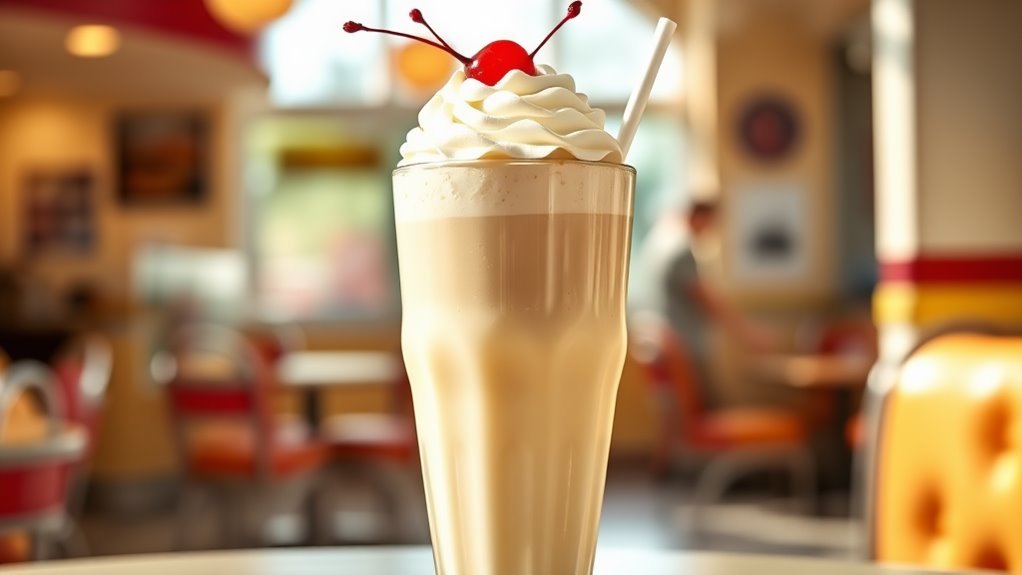 A creamy vanilla milkshake in a tall glass, topped with whipped cream and a cherry, set against a bright, sunlit diner backdrop
