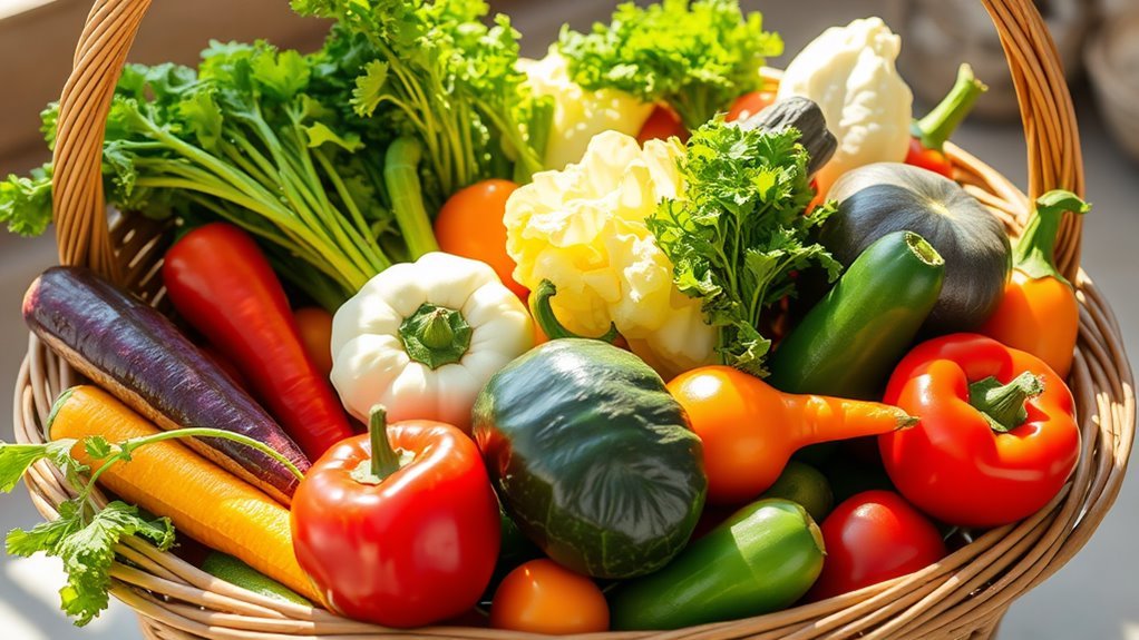 A vibrant array of fresh, colorful vegetables artfully arranged in a rustic wooden basket, illuminated by natural sunlight, showcasing their textures and freshness