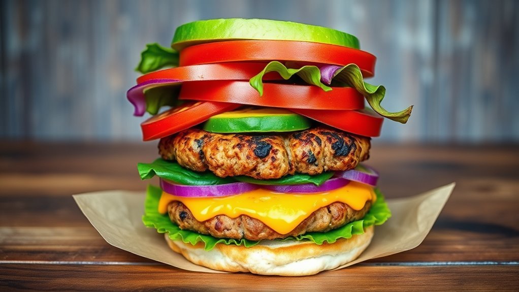 A vibrant veggie burger stacked high with colorful layers of fresh lettuce, tomato, avocado, and a perfectly grilled patty, set against a rustic wooden table