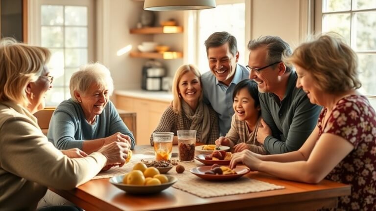A warm family gathering scene, with multigenerational relatives laughing and sharing stories around a kitchen table, sunlight streaming through a window, capturing joyful expressions