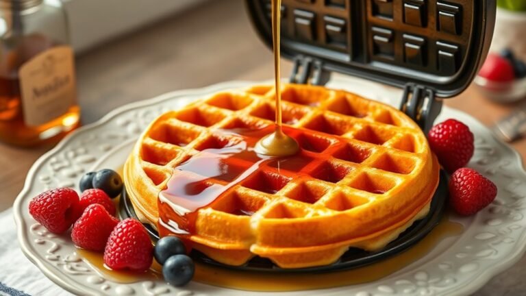 A perfectly golden waffle steaming in a vintage waffle iron, surrounded by fresh berries and maple syrup, captured in natural light with elegant details