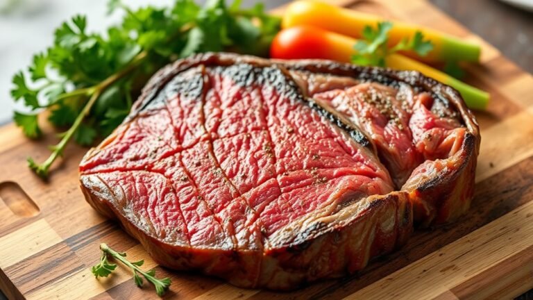 A beautifully marbled Wagyu steak, perfectly grilled, resting on a wooden cutting board, surrounded by fresh herbs and vibrant vegetables, under soft natural lighting