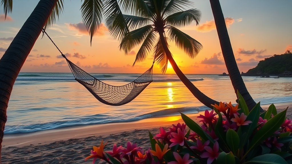 A serene beach scene at sunset, featuring a hammock swaying between two palm trees, gentle waves lapping at the shore, and vibrant tropical flowers in the foreground