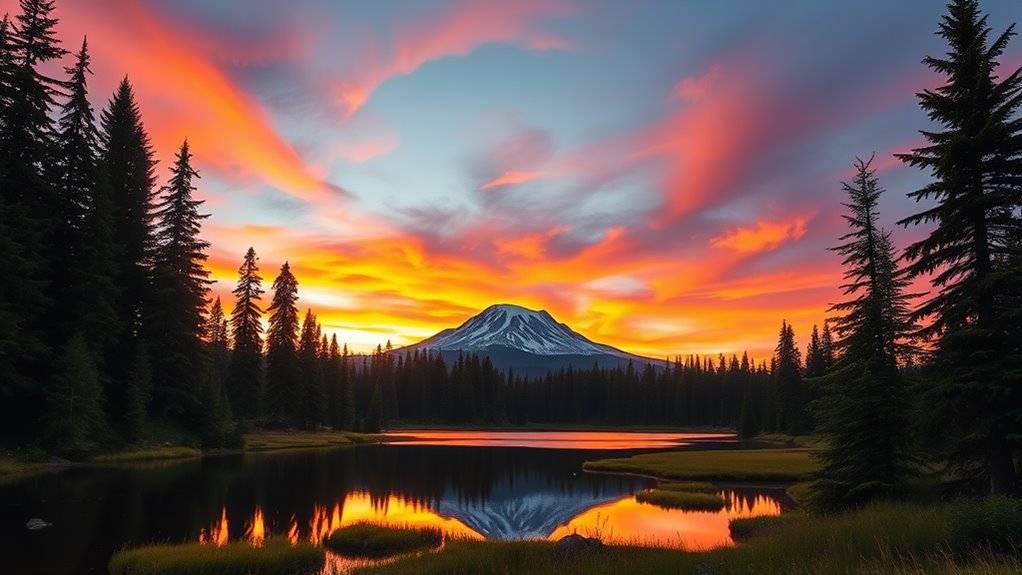 A serene landscape of Mount Rainier at sunrise, surrounded by lush evergreen trees, with a reflective lake in the foreground capturing the vibrant colors of the sky