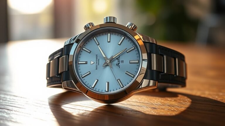A close-up of an elegant watch with a shimmering metallic finish, centered against a soft, blurred background of a sunlit wooden table, capturing intricate details