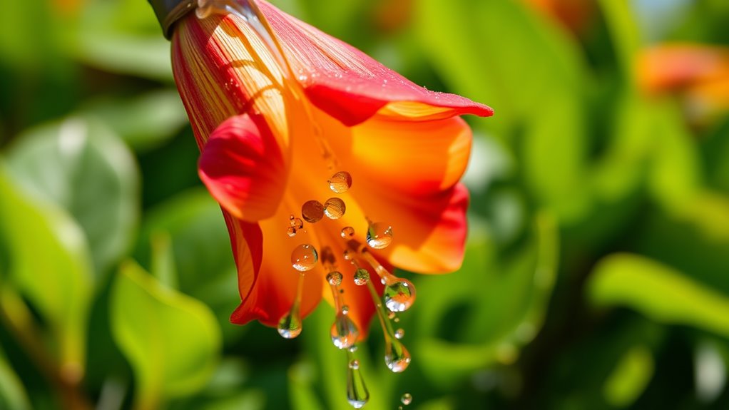 A close-up of a vibrant flower being gently watered, droplets sparkling in natural light, with lush green leaves softly blurred in the background