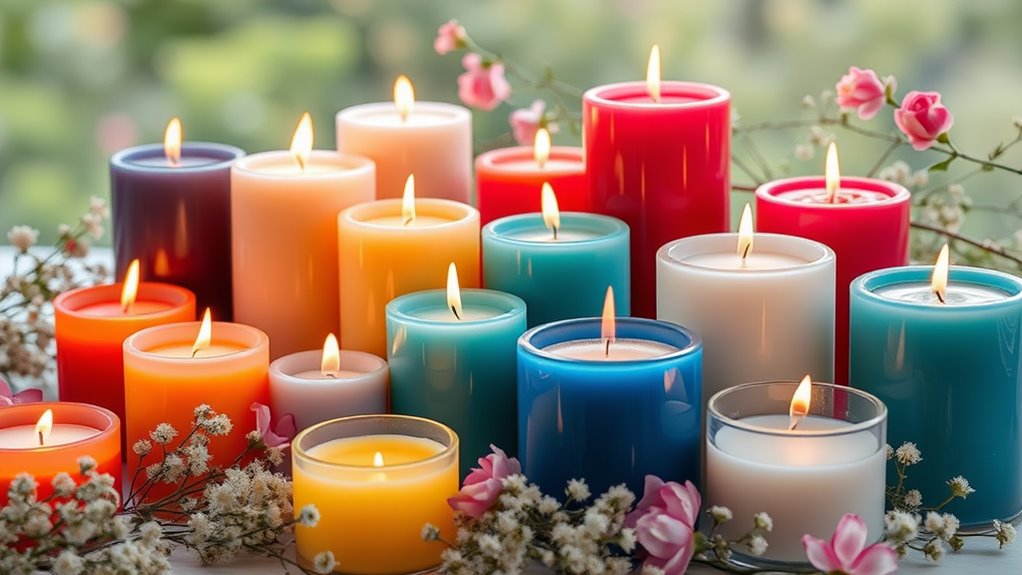 A beautifully arranged display of colorful wax candles in various shapes and sizes, glowing softly, surrounded by delicate floral accents, against a natural light background