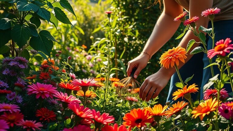 A serene garden scene featuring a gardener gently pulling weeds among vibrant flowers, sunlight filtering through leaves, showcasing rich colors and textures in exquisite detail