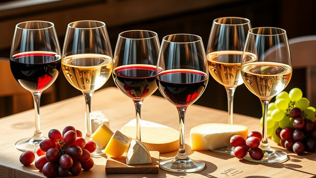 A beautifully arranged wine tasting setup featuring elegant glasses filled with rich red and crisp white wines, surrounded by artisanal cheese and fresh grapes, bathed in warm natural light