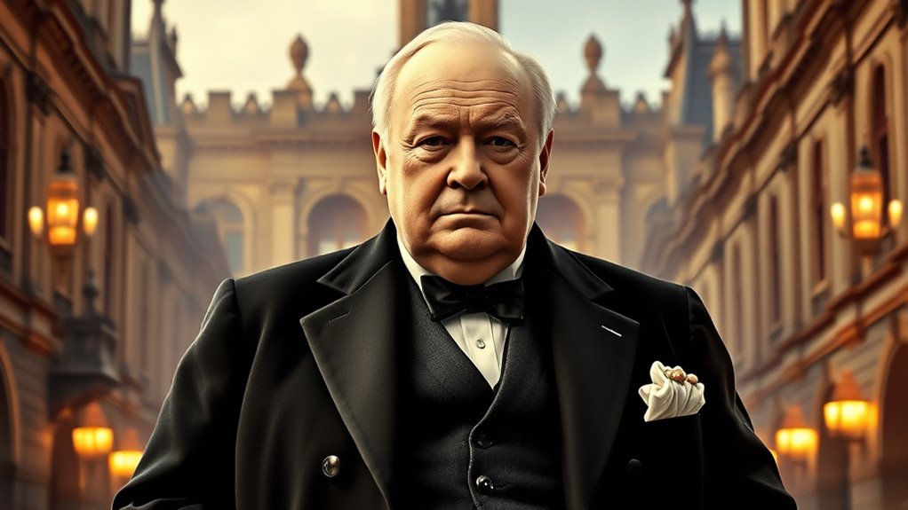 A grand portrait of Winston Churchill, adorned in classic attire, set against a richly textured backdrop of historic British architecture, illuminated with elegant, shimmering light